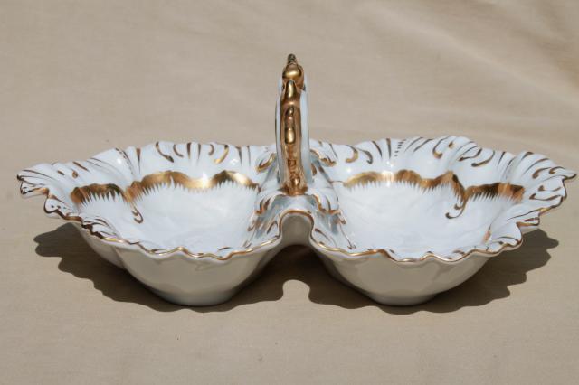 photo of antique gold encrusted white porcelain divided dish, china double bowl w/ center handle #2