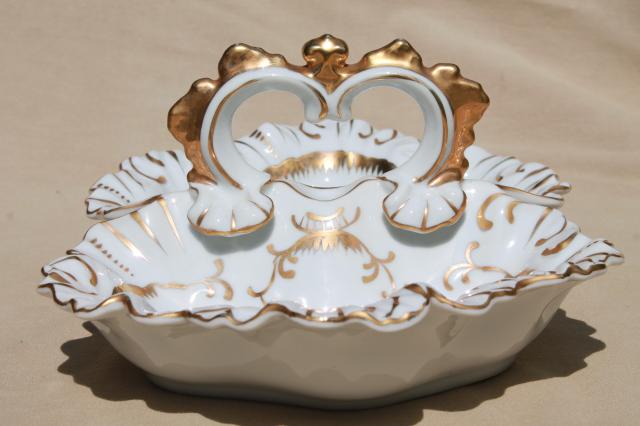 photo of antique gold encrusted white porcelain divided dish, china double bowl w/ center handle #4