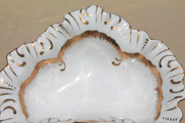 photo of antique gold encrusted white porcelain divided dish, china double bowl w/ center handle #6