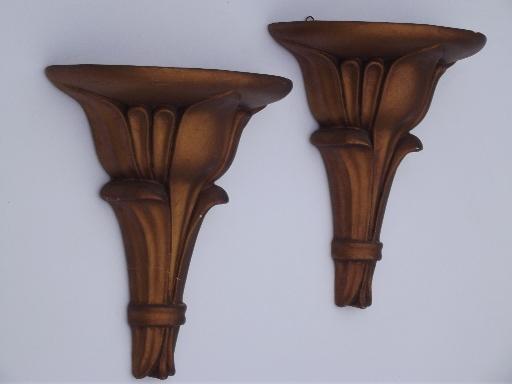photo of antique gold painted plaster wall bracket shelves pair, vintage chalkware #2