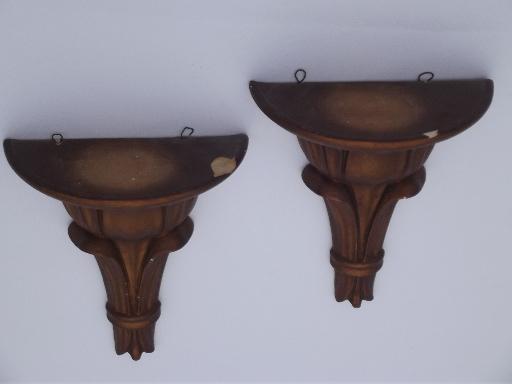 photo of antique gold painted plaster wall bracket shelves pair, vintage chalkware #3