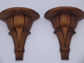 catalog photo of antique gold painted plaster wall bracket shelves pair, vintage chalkware