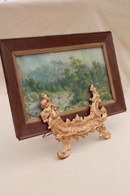 photo of antique gold rococo metal easel stand for picture frame or mirror, vintage baroque angels #1