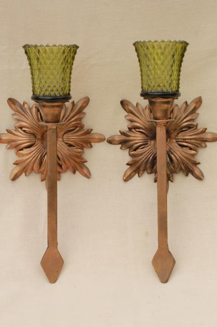 photo of antique gold wrought iron rosettes wall sconce set, pair of vintage candle sconces  #1