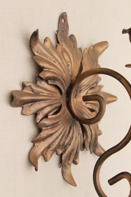 photo of antique gold wrought iron rosettes wall sconce set, pair of vintage candle sconces  #2