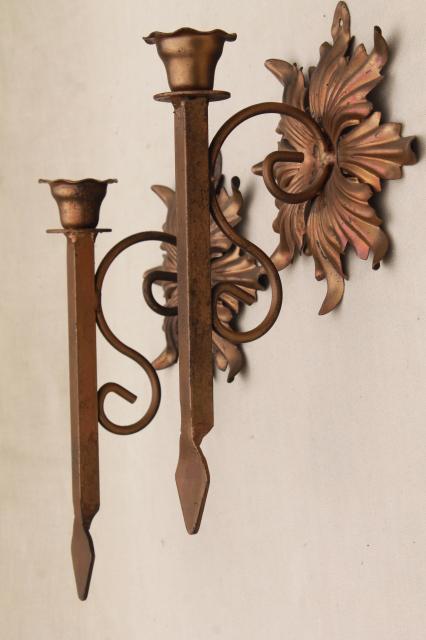 photo of antique gold wrought iron rosettes wall sconce set, pair of vintage candle sconces  #7