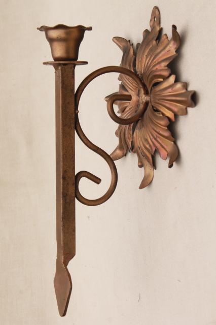 photo of antique gold wrought iron rosettes wall sconce set, pair of vintage candle sconces  #8