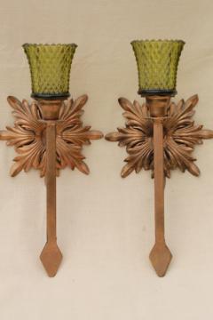 catalog photo of antique gold wrought iron rosettes wall sconce set, pair of vintage candle sconces 