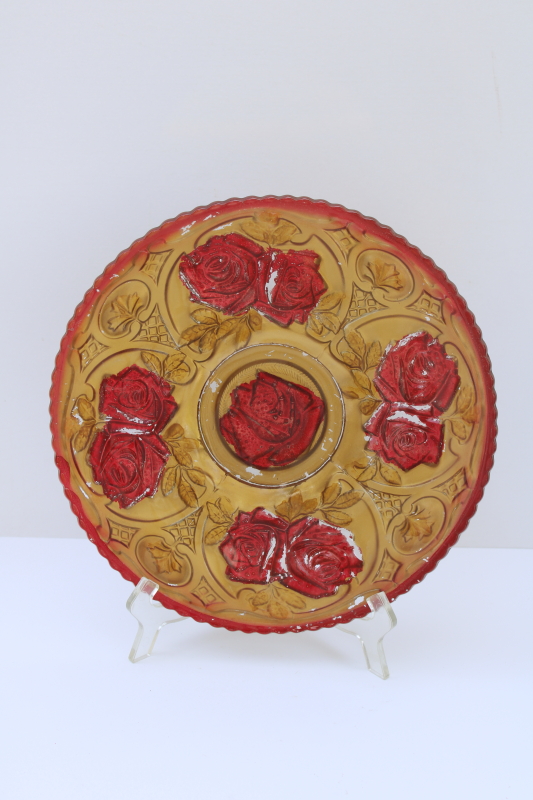 photo of antique goofus glass plate, roses floral pattern glass painted red & metallic gold  #1