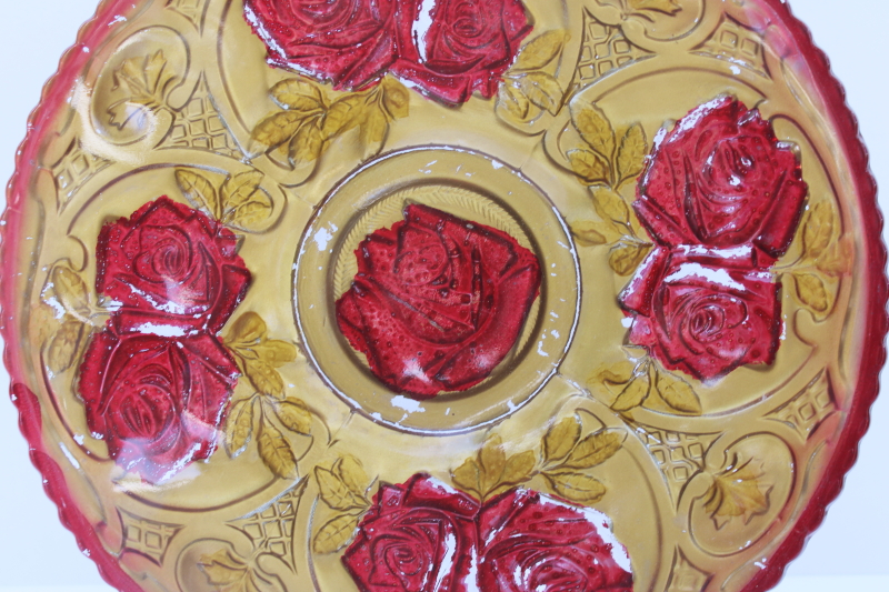 photo of antique goofus glass plate, roses floral pattern glass painted red & metallic gold  #2