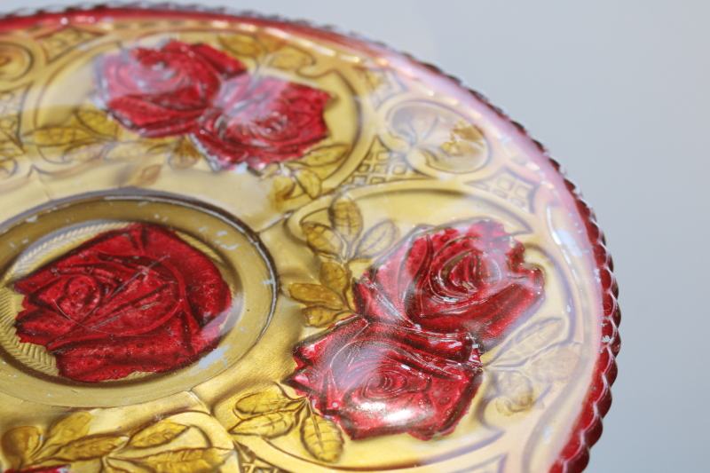 photo of antique goofus glass plate, roses floral pattern glass painted red & metallic gold  #3