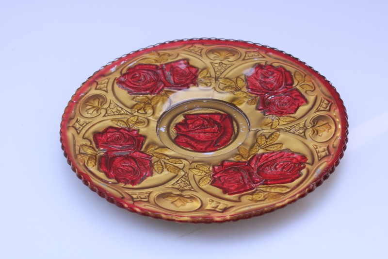 photo of antique goofus glass plate, roses floral pattern glass painted red & metallic gold  #4