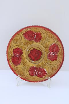 catalog photo of antique goofus glass plate, roses floral pattern glass painted red & metallic gold 