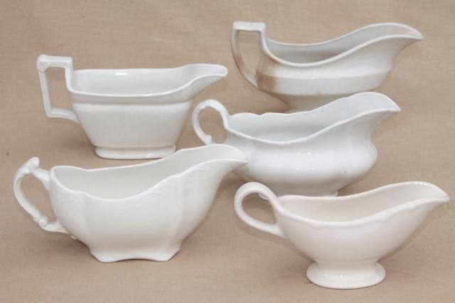 photo of antique gravy boats & sauce pitchers, English & American white ironstone & semi porcelain china  #1