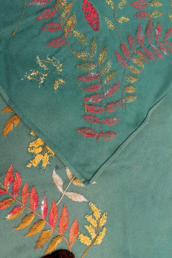 photo of antique green baize wool tablecloth w/ silky chenille velvet embroidery, leaves & pinecones #3