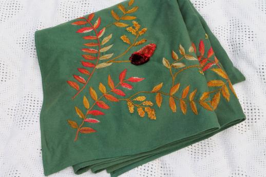 photo of antique green baize wool tablecloth w/ silky chenille velvet embroidery, leaves & pinecones #4