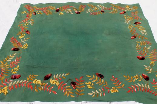 photo of antique green baize wool tablecloth w/ silky chenille velvet embroidery, leaves & pinecones #5