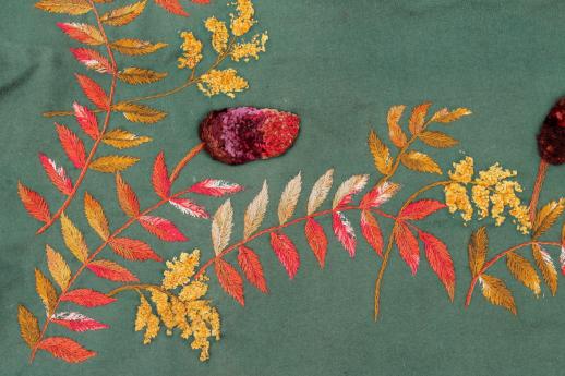 photo of antique green baize wool tablecloth w/ silky chenille velvet embroidery, leaves & pinecones #6