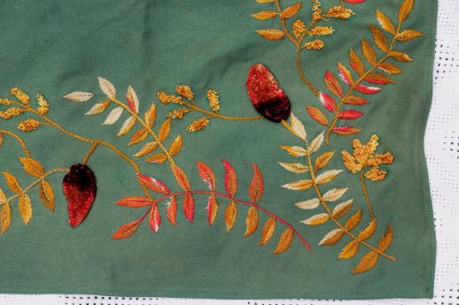 photo of antique green baize wool tablecloth w/ silky chenille velvet embroidery, leaves & pinecones #7