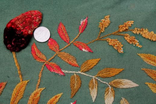 photo of antique green baize wool tablecloth w/ silky chenille velvet embroidery, leaves & pinecones #8