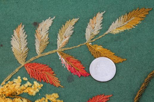 photo of antique green baize wool tablecloth w/ silky chenille velvet embroidery, leaves & pinecones #10