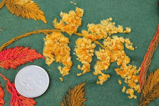 photo of antique green baize wool tablecloth w/ silky chenille velvet embroidery, leaves & pinecones #11