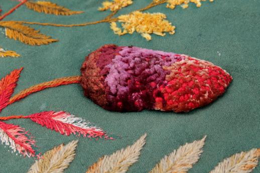 photo of antique green baize wool tablecloth w/ silky chenille velvet embroidery, leaves & pinecones #12