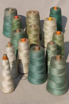 catalog photo of antique green colors primitive grubby old spools of vintage cotton cord thread
