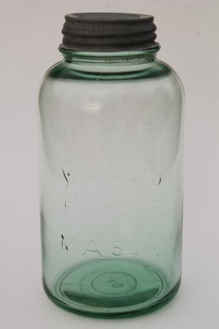 photo of antique green glass big two quart canning jar, Boyd's Perfect Mason jar w/ Ball zinc lid #1