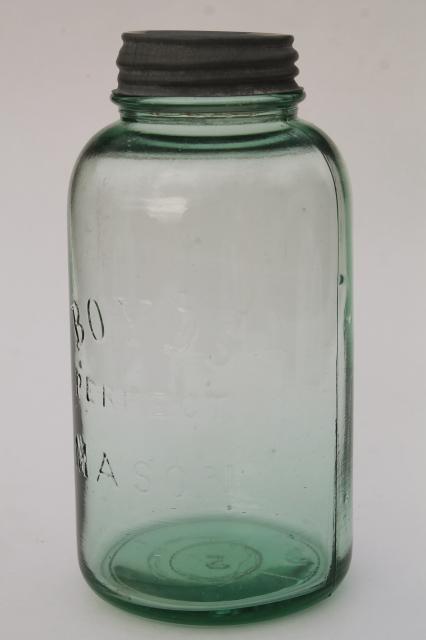 photo of antique green glass big two quart canning jar, Boyd's Perfect Mason jar w/ Ball zinc lid #2