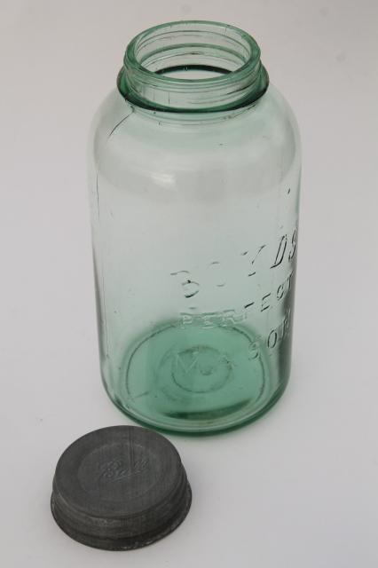 photo of antique green glass big two quart canning jar, Boyd's Perfect Mason jar w/ Ball zinc lid #4