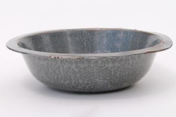 catalog photo of antique grey graniteware enamel basin, dishpan or large bowl, vintage enamelware