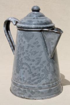 catalog photo of antique grey graniteware enamel coffeepot, primitive vintage coffee pot