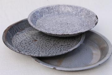 catalog photo of antique grey graniteware enamel pie pans or camp plates, vintage enamelware