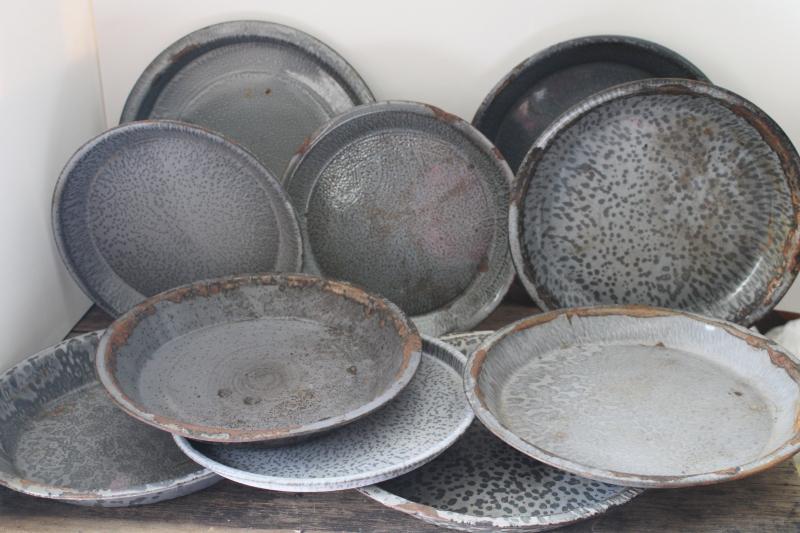 photo of antique grey graniteware enamel pie pans or camp plates, vintage enamelware #1