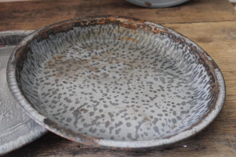photo of antique grey graniteware enamel pie pans or camp plates, vintage enamelware #2