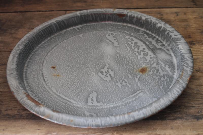 photo of antique grey graniteware enamel pie pans or camp plates, vintage enamelware #3