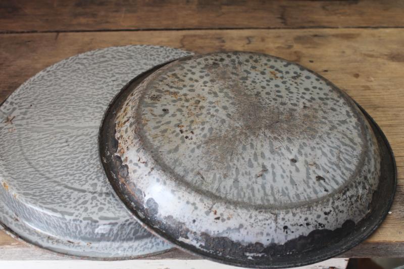photo of antique grey graniteware enamel pie pans or camp plates, vintage enamelware #4