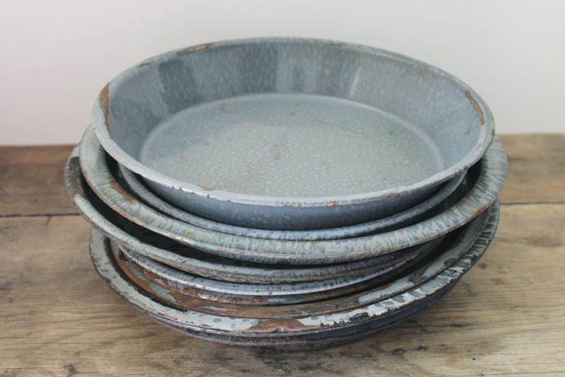 photo of antique grey graniteware enamel pie pans or camp plates, vintage enamelware #5
