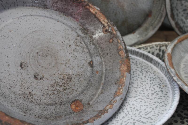 photo of antique grey graniteware enamel pie pans or camp plates, vintage enamelware #6