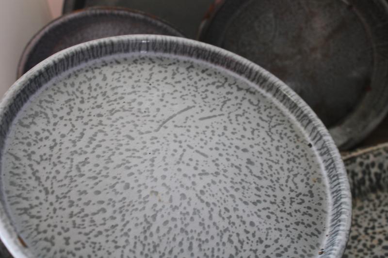 photo of antique grey graniteware enamel pie pans or camp plates, vintage enamelware #7