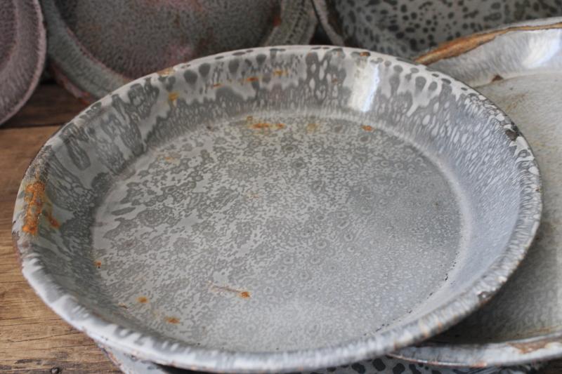 photo of antique grey graniteware enamel pie pans or camp plates, vintage enamelware #8