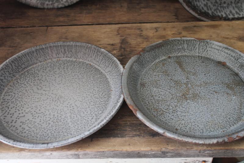 photo of antique grey graniteware enamel pie pans or camp plates, vintage enamelware #12