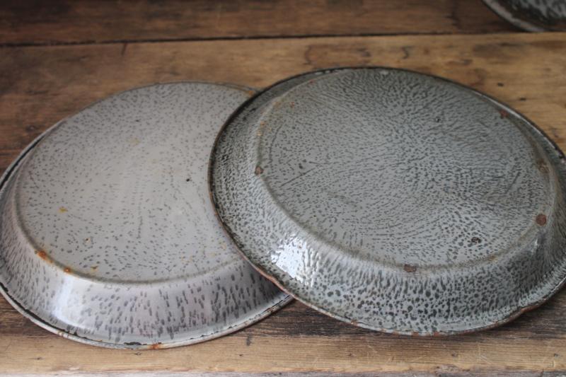 photo of antique grey graniteware enamel pie pans or camp plates, vintage enamelware #13