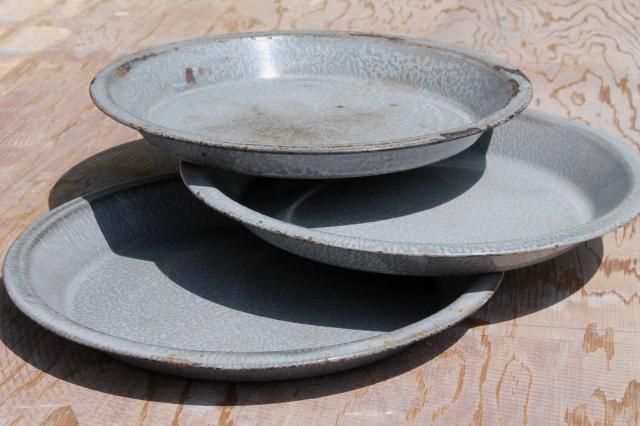 photo of antique grey graniteware enamel pie pans or camp plates, vintage enamelware #1