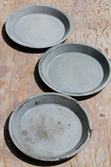 photo of antique grey graniteware enamel pie pans or camp plates, vintage enamelware #2