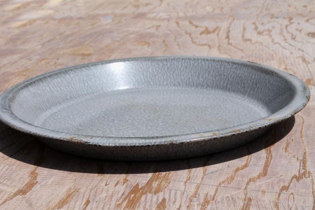 photo of antique grey graniteware enamel pie pans or camp plates, vintage enamelware #3