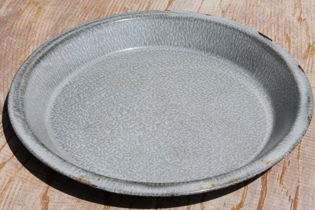 photo of antique grey graniteware enamel pie pans or camp plates, vintage enamelware #4