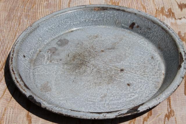 photo of antique grey graniteware enamel pie pans or camp plates, vintage enamelware #5