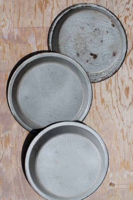 photo of antique grey graniteware enamel pie pans or camp plates, vintage enamelware #7